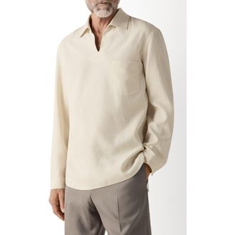 Ermenegildo Zegna Long Sleeve Linen Polo in Light Taupe at Nordstrom, Size X-Large