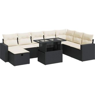 vidaXL Set De Sof&aacute;s De Jard&iacute;n Con Cojines 9 Pzas Rat&aacute;n Sint&eacute;tico Negro Vidaxl