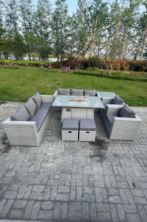 Fimous Rattan Fire Pit Set Gas Heater Burner Lounge Sofa Dining Set Coffee Table Chairs Stool in Light Grey