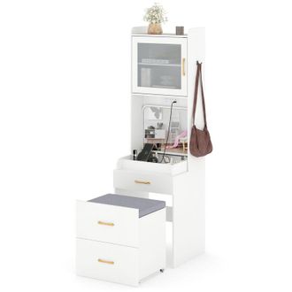 Costway Vanity Desk with Movable Storage Stool & Flip-up Mirror-White