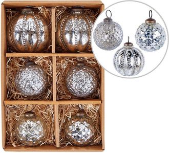 Beliani Conjunto De 6 Bolas De Navidad De Cristal Hechas A Mano Adornos Para Colgar Del &Aacute;rbol De Navidad Plateado Argentin