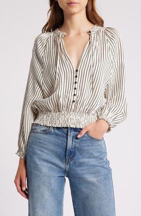 Sessun Swing Stripe Smocked Waist Blouson Top in Swing-White Black at Nordstrom Rack, Size Large