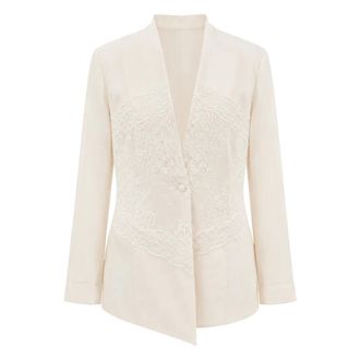 Souvenir Blazers, female, Beige, Size: M Elegant Jacket with Floral Lace Insets