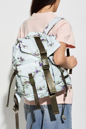 Ganni Backpack With Floral Motif, Womens, Blue
