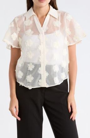 Adrianna Papell Floral Appliqu&eacute; Short Sleeve Button-Up Top in Cream Frosting at Nordstrom Rack, Size X-Small