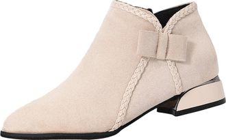 Generic Beige Ladies Casual Ankle Boots with A Thick Heel and Classic Bow Decoration Perfect for Fall and Winter Seasons Designed for Outdoor Leisure Activiti