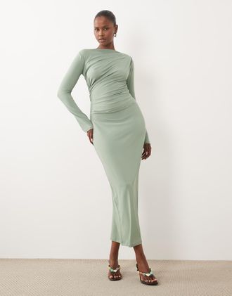 Asos vestito maxi asimmetrico con drappeggio e scollo a barchetta in verde salvia