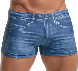 Feoya Mens Swimming Trunks Shorts 3D Denim Print Swimwear Boxers Summer Beach Board Shorts Elastic Stretch Swimwear Jammers Blue XS