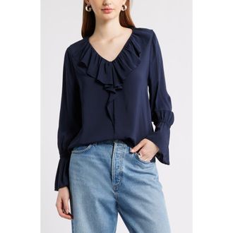 Nordstrom Ruffle Front Top in Navy Night at Nordstrom, Size Xx-Small