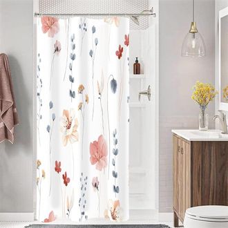 OEM Cortina De Ducha Peque&ntilde;a De 36x72 Cm, Estrecha, Con Estampado Floral En Media Acuarela, Con Ganchos, Conjunto Decorativo De Ba&ntilde;o Floral Color Coral Be