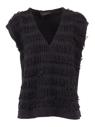 Lorena Antoniazzi Textured Black Knit Vest with Deep V-Neck Design