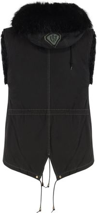 AS65 Womens Sleeveless Fur-Trim Vest Black Shell Cotton Waistcoats & Gilets