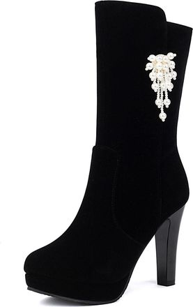Generic Womens Chunky High Heel Platform Boots with Zipper Round Toe Short Boots with Rhinestone Faux Suede Evening Party Prom Shoes,Black,5.5 UK