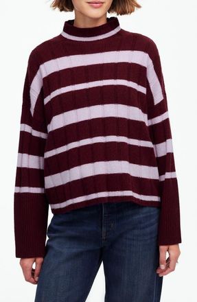 Madewell Stripe Rib Cashmere & Wool Blend Funnel Neck Sweater in Cabernet Stripe at Nordstrom, Size Xx-Small