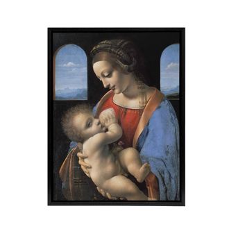Artery8 Madonna Litta Virgin Mary da Vinci Black Framed Canvas Wall Art in Blue | Size: W24 x H32