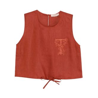 Twinset Sleeveless Tops, female, Brown, Size: XS Sleeveless Embroidered Crop Top