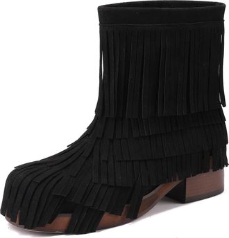 Generic Womens Round Toe Platform Ankle Boots Chunky Heel Western Boot with Tassel Faux Suede Short Boots,Black,5.5 UK