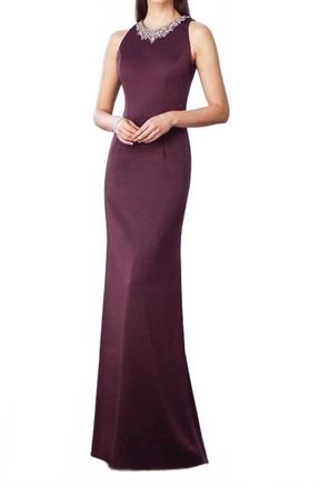 Cameron Blake Beaded High Neck Evening Gown In Eggplant