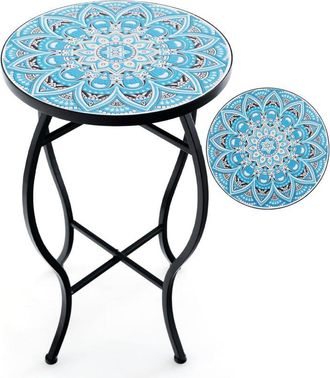 Costway Mesa Auxiliar De Exterior Mosaico, Mesa De Jard&iacute;n Redonda Con Tablero De Cer&aacute;mica Resistente, Soporte Para Plantas Peque&ntilde;a Para Balc&oacute;n Patio,jard&iacute;n, M