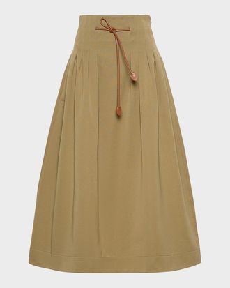 Max Mara Pleated Drawstring Cotton Ottoman Midi Skirt