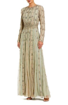 Mac Duggal Embellished Mesh Long Sleeve A Line Gown in Light/pastel Green at Nordstrom, Size 14