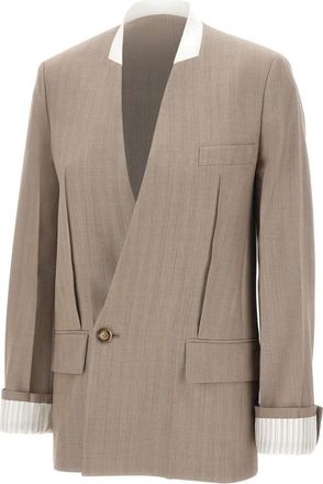 Victoria Beckham Kraagloos Getailleerd Jasje met Geplooide Achterkant - Dames - Blazers - Bruin - S - Leer - Jassen