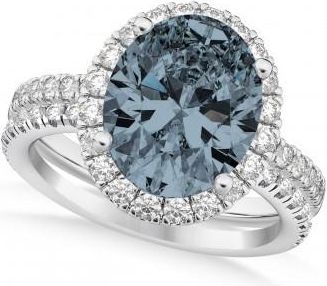 Allurez Gray Spinel & Diamonds Oval-Cut Halo Bridal Set 14K White Gold (3.58ct)