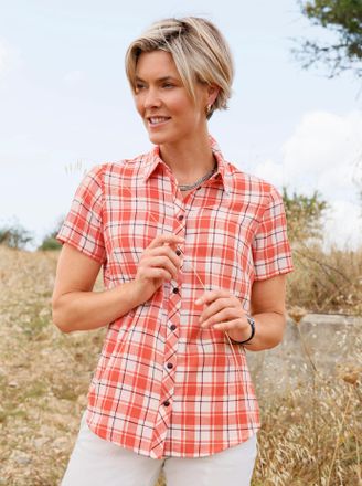 Casual Looks Karobluse CASUAL LOOKS, Damen, Gr. 36, grapefruit, ecru, kariert, 100% Baumwolle, gemustert, kariert, Blusen Karobluse