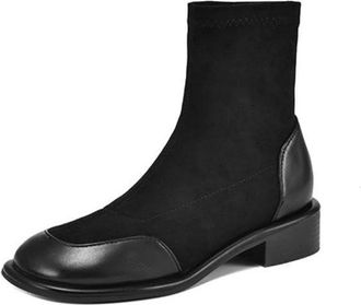 Generic Womens Suede-Leather Sock Ankle Boots Square Toe Low Block Heels Side Zipper Comfortable Non-Slip for Daily Commute Casual,Black,3.5 UK