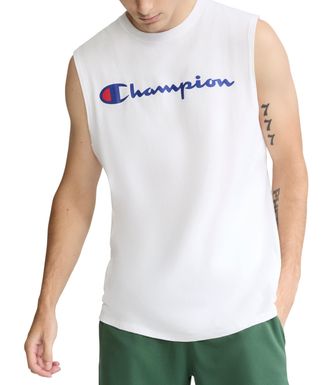 Champion Mens T-Shirt, Sleeveless, Tank, Classic Muscle Tee Top (Reg. Or Big & Tall), White Script, Large