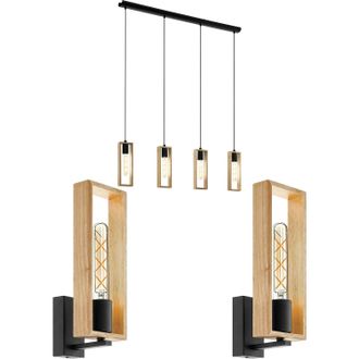 Loops Quad Ceiling & 2x Matching Wall Lights Black & Wood Box Modern Dining Table