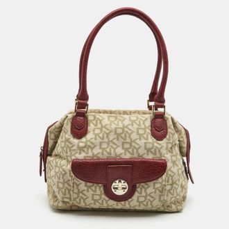 DKNY Dkny Red/beige Monogram Canvas And Leather Turnlock Pocket Satchel