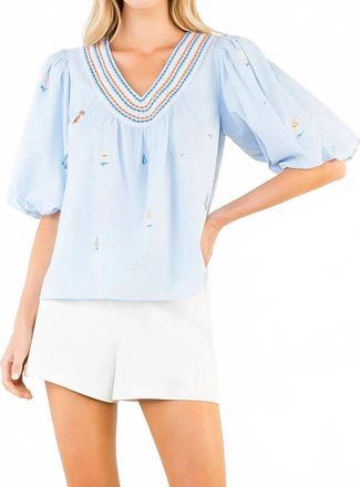 THML Clothing Puff Sleeve Sailboat Top In Light Blue