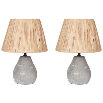 Beliani Beliani - Conjunto De 2 L&aacute;mparas De Cer&aacute;mica De Mesa Con Pantalla De Papel Efecto Envejecido Gris Y Natural Arwadito