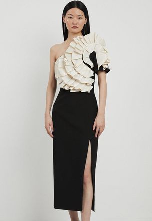 Karen Millen Compact Stretch Taffeta Ruffle One Shoulder Midi Dress