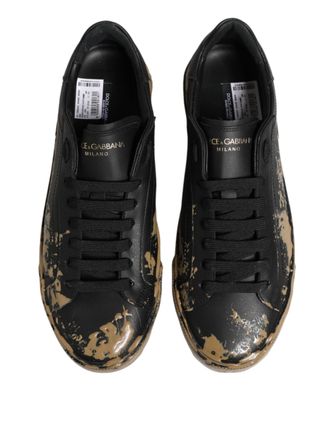 Dolce & Gabbana Mens Black Portofino Mud Effect Low Top Sneakers Shoes And Brown Leather