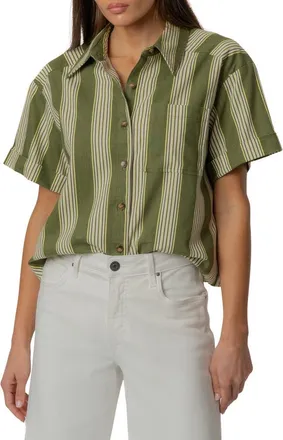 Kut from the Kloth Aida Stretch Cotton Blend Short Sleeve Button-Up Top in Olive/ivory at Nordstrom, Size X-Small