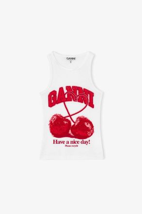 Ganni White Tank Top with Cherry - Size XXS Organic Cotton