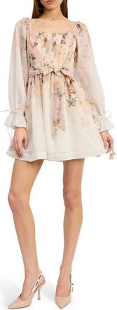 En Saison Floral Print Tie Waist Long Sleeve Chiffon Minidress in Ivory Blush Orchid at Nordstrom, Size Medium