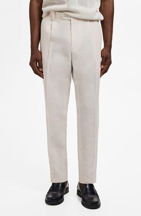 Mango Pleated Slim Fit Straight Leg Linen Blend Pants in Ecru at Nordstrom, Size 32
