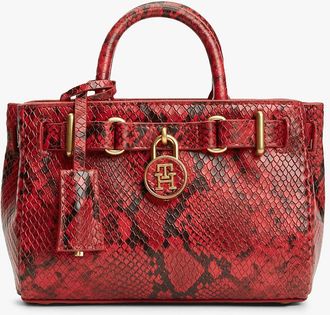Tommy Hilfiger Womens Snake-Embossed Leather Micro Tote Bag - Red