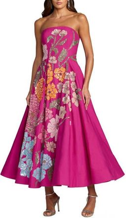 Mac Duggal Strapless Floral Embellished Midi Dress in Hot Pink Multi at Nordstrom, Size 14