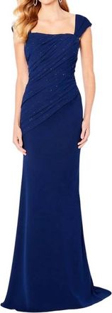 Cameron Blake Beaded Long Sheath Dress In Navy