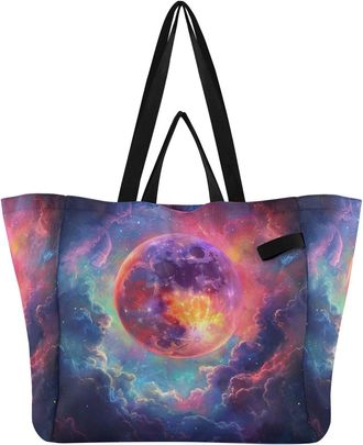 Generic Planet Star Colorful pattern Reusable Canvas Tote Bag, Heavy Duty Grocery Shopping Bag with Hard Bottom Large Capacity Double Handles Work Groceries T