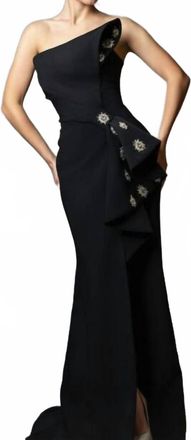 MNM Couture Asymmetric Bow Bodice High Slit Dress In Black