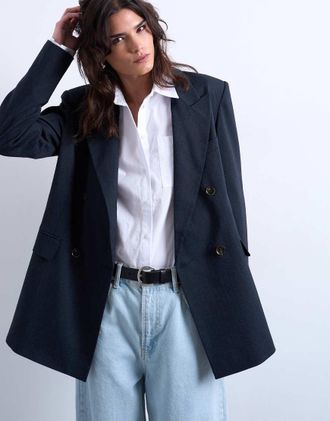 Topshop Blazer oversize blu navy doppiopetto con leggero motivo gessato in coordinato-Nessun colore
