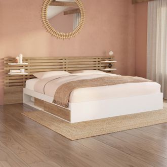 IDMarket Cama Doble Savana Con Cabecero, Mesillas De Noche, Espacio De Almacenamiento Y Somier De Haya Y Blanco De 180 X 200 Cm