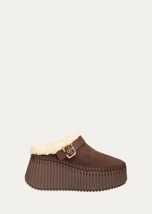 Chlo&eacute; Nama Suede Shearling-Lined Platform Clogs