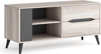 Skraut Home Skraut Home - Mueble Tv 110, 2 Cajones + 1 Puerta, Sal&oacute;n Comedor, Modelo Kai, Color Roble, Gris, Medidas 113x40x52 Cm De Altura