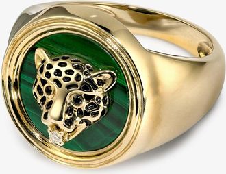 Yvonne Léon 9K Yellow Gold Leopard Malachite Diamond Signet Ring - Womens - Diamond/9kt Yellow Gold